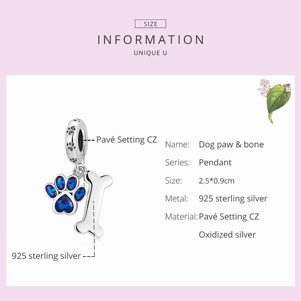 925 Sterling Silver Dog Paw Bone Pendant For Bracelet Or Necklace