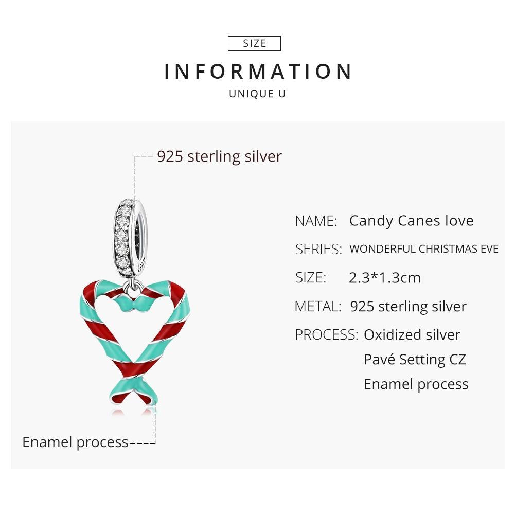 925 Sterling Silver Heart Candy Cane Pendant For Diy Bracelets & Necklaces