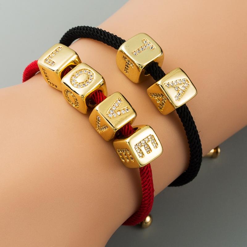 Brass Micro Inlaid Couple Red String Pull Diy Bracelet English Letter Beads Style - H