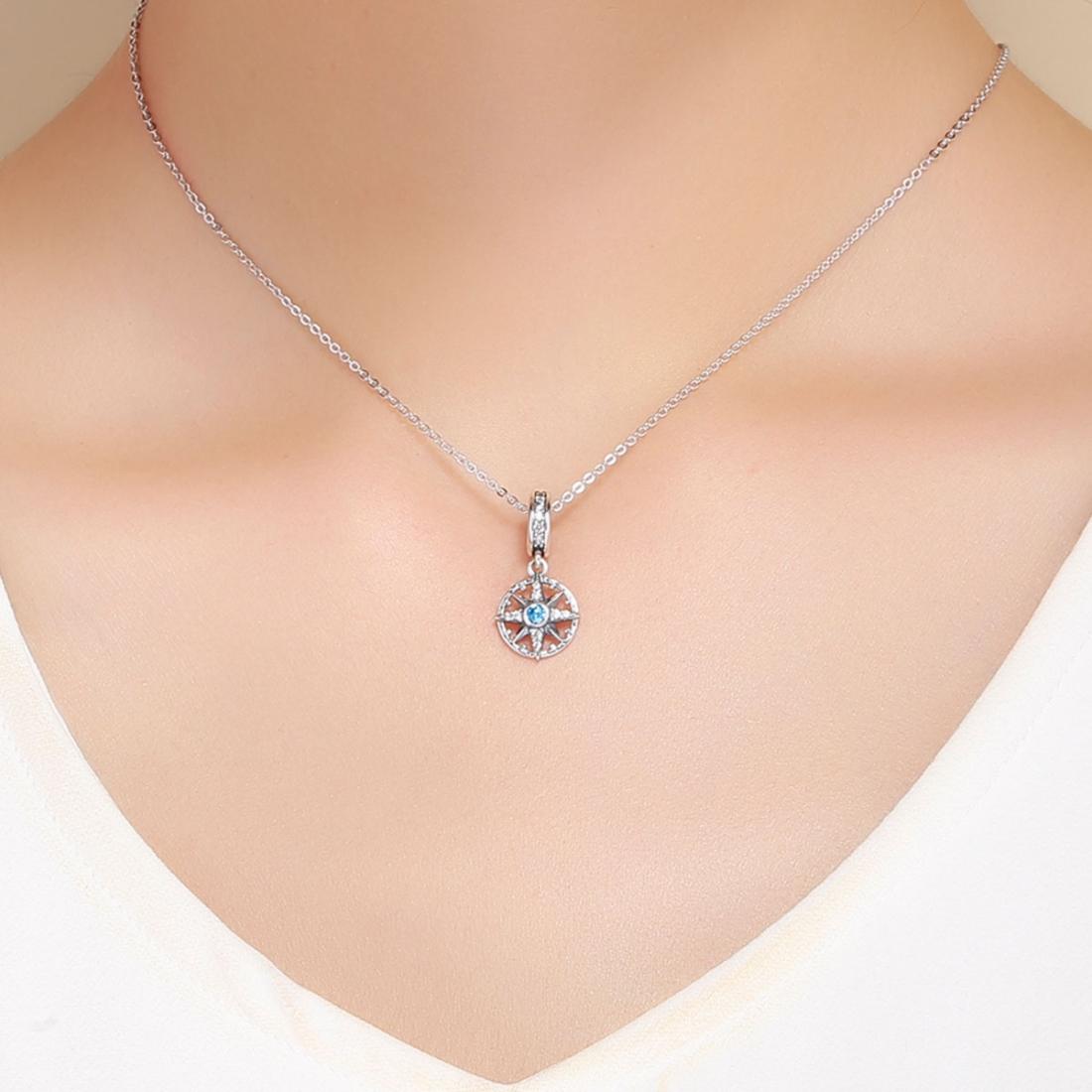 925 Sterling Silver Compass Pendant Necklace