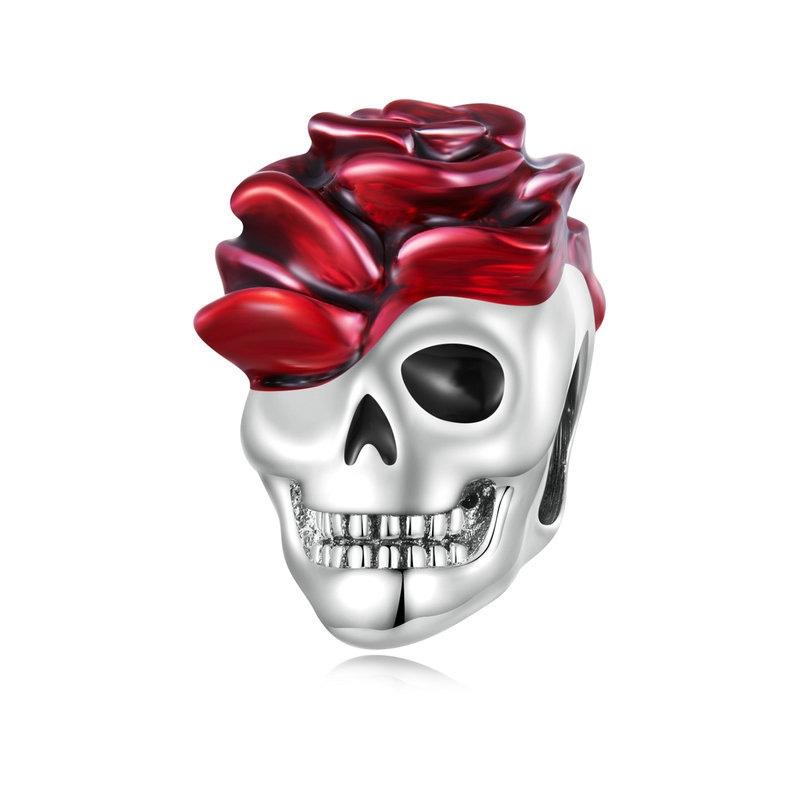 925 Sterling Silver Halloween Skull Bracelet With Rose And Pearl