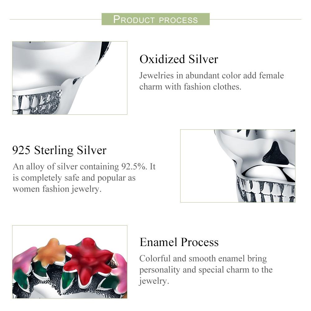 925 Sterling Silver Colorful Enamel Flower Skull Charms Bracelet
