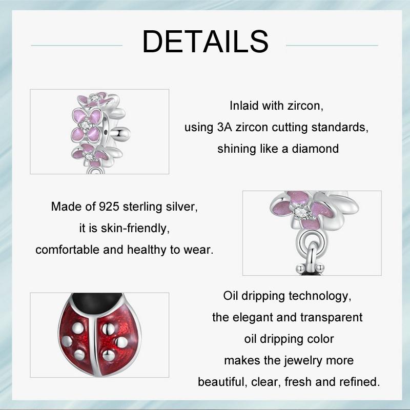 925 Sterling Silver Flower Ladybug Diy Beads Platinum Plated