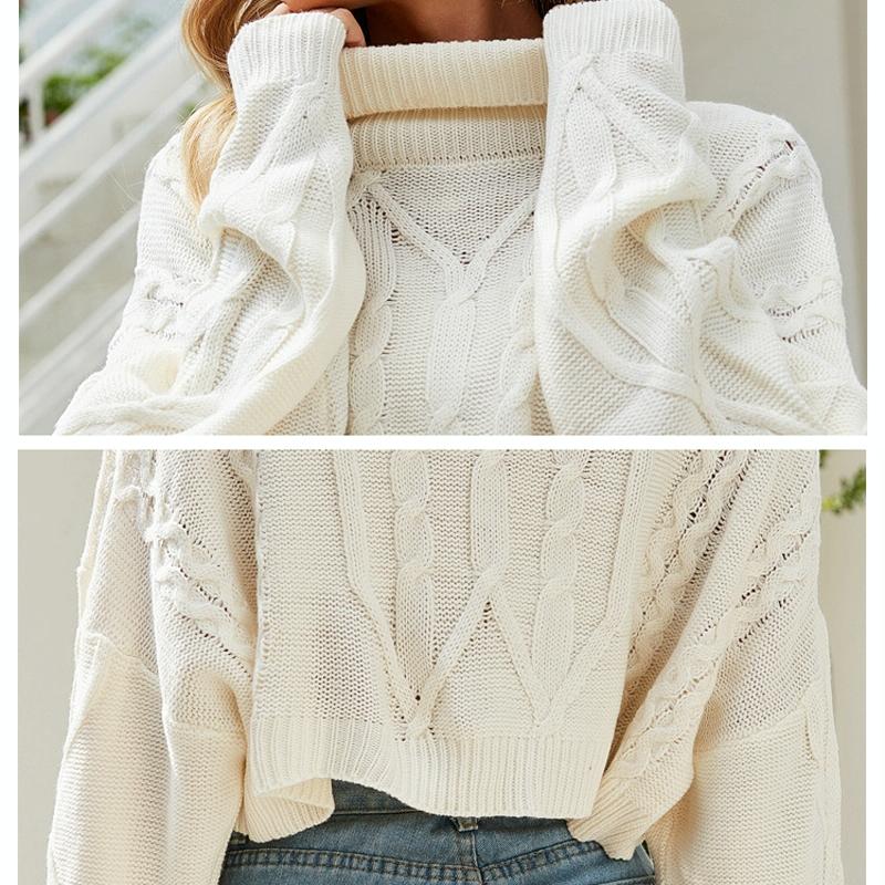 Solid Colour High Neck Pullover Knitted Top Short Stranded Flowers Knitted Sweater - White - S