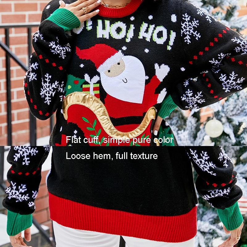 Women Santa Sweater Sweet Embroidery Pullover Knit Sweater - Black - S