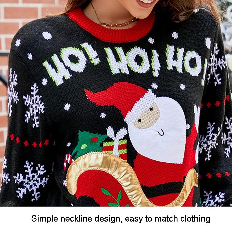 Women Santa Sweater Sweet Embroidery Pullover Knit Sweater - Black - S