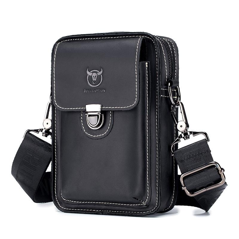 Men First Layer Cowhide Waist Bag Multi Function - Black