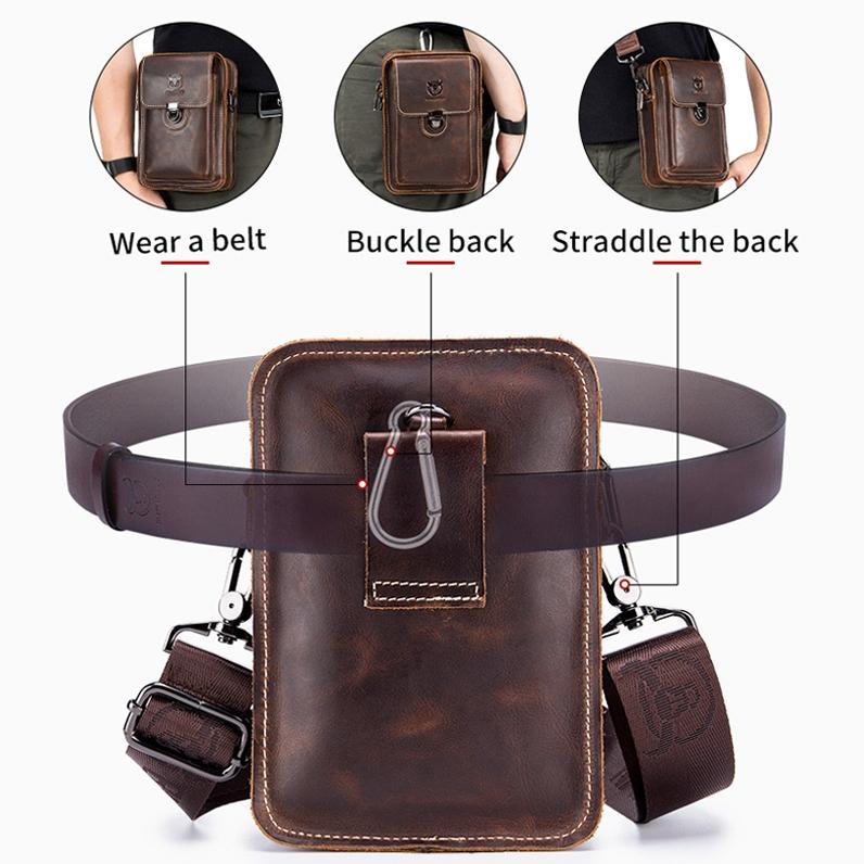 Men First Layer Cowhide Waist Bag Multi Function - Black