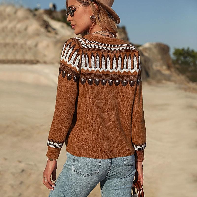 Fall Winter Women Knitted Long Sleeve Sweater Pullover Brown - S
