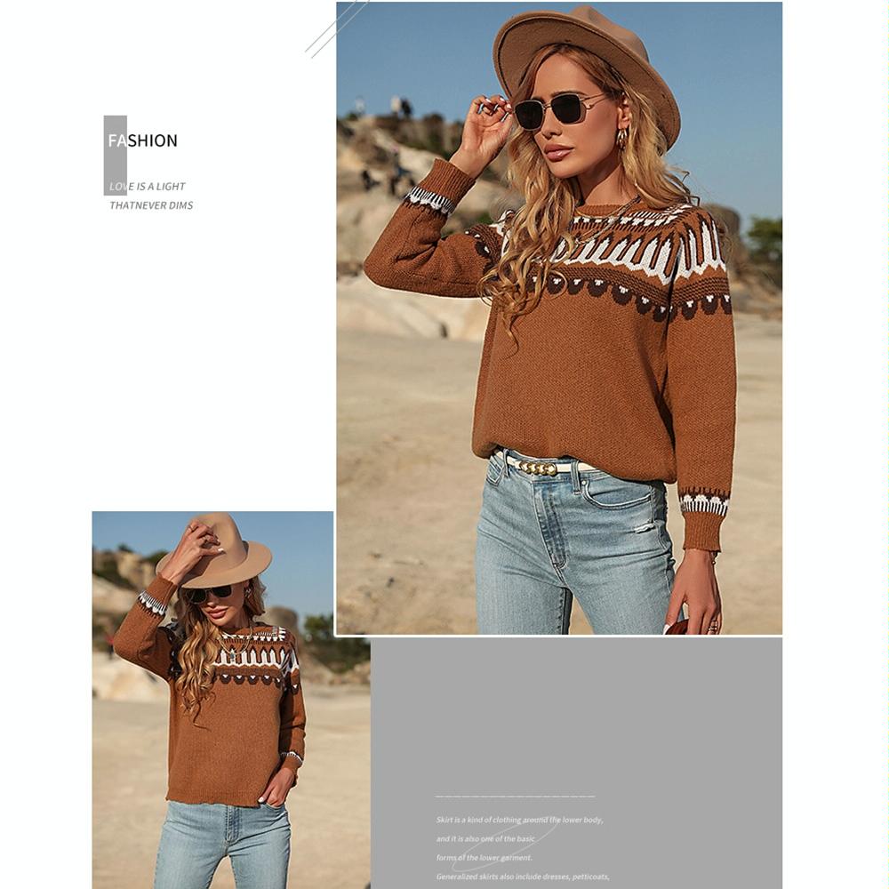 Fall Winter Women Knitted Long Sleeve Sweater Pullover Brown - S
