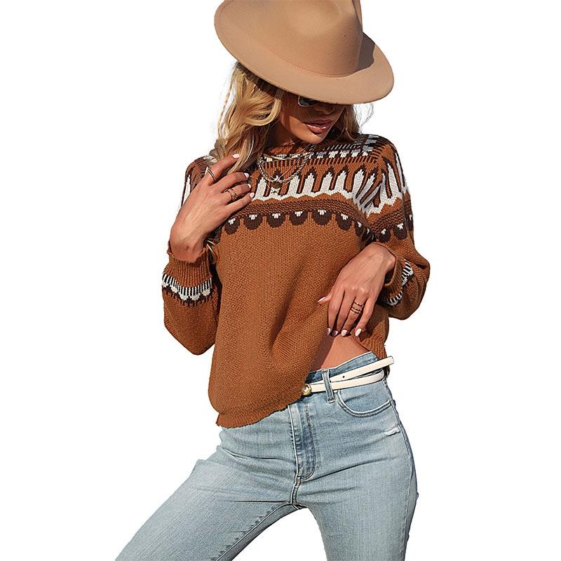 Fall Winter Women Knitted Long Sleeve Sweater Pullover Brown - S