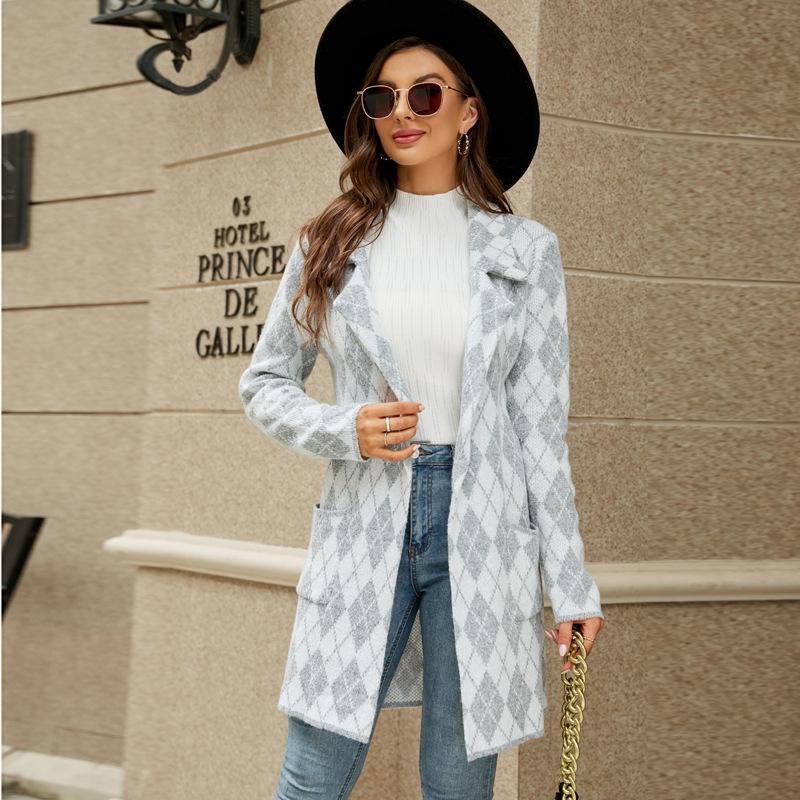 Autumn And Winter Long Sweater Collision Colour Knitted Cardigan Trench Coat - Light Grey - S