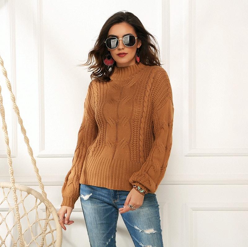 Women Fluorescent Colour Long Sleeve Stranded Flower Knit Sweater - Khaki - S