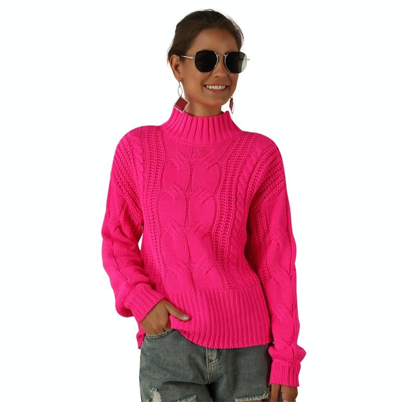 Women Fluorescent Colour Long Sleeve Stranded Flower Knit Sweater - Khaki - S