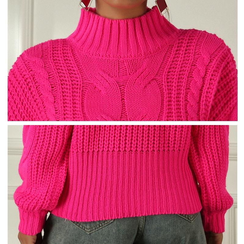 Women Fluorescent Colour Long Sleeve Stranded Flower Knit Sweater - Khaki - S