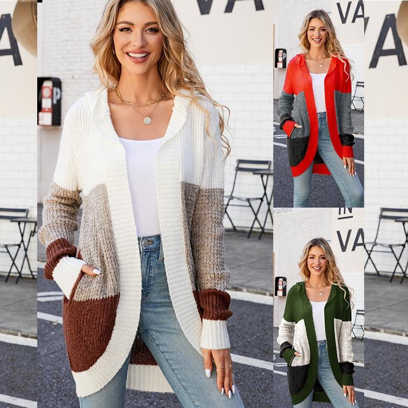 Women Casual Mid-Length Hooded Knit Cardigan Jacket - Green - S