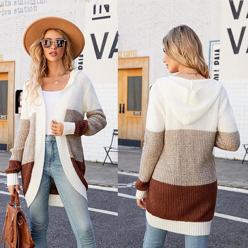 Women Casual Mid-Length Hooded Knit Cardigan Jacket - Green - S