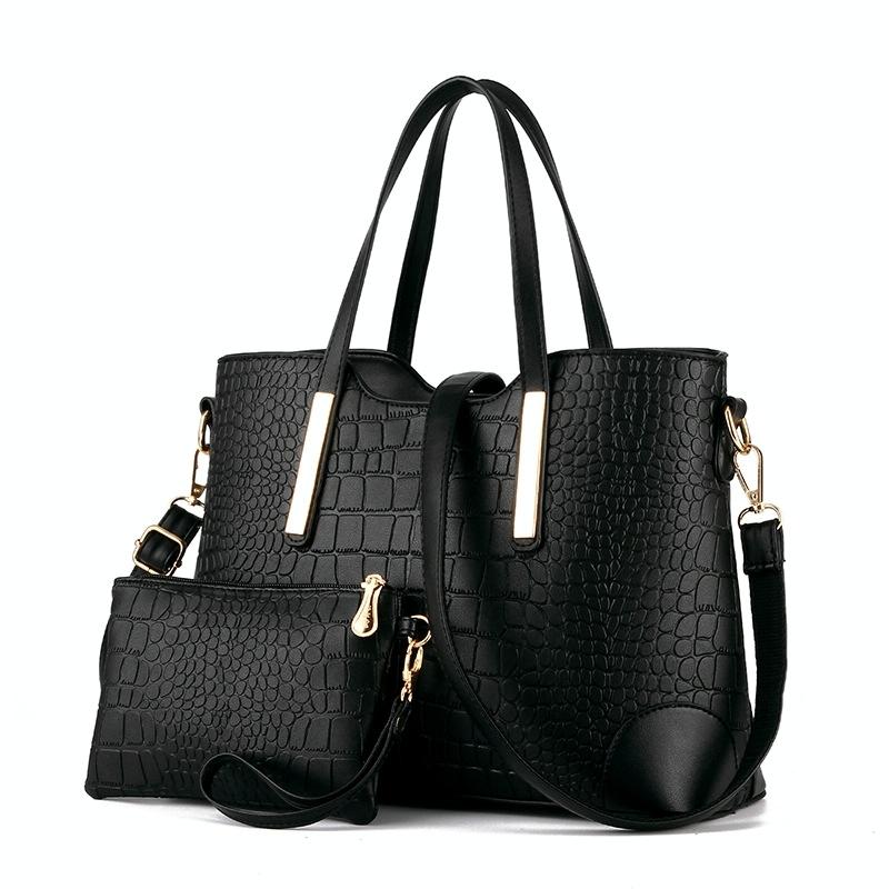 Vintage 2-in-1 Messenger Bag with Crocodile Pattern and Leather Wallet - Black