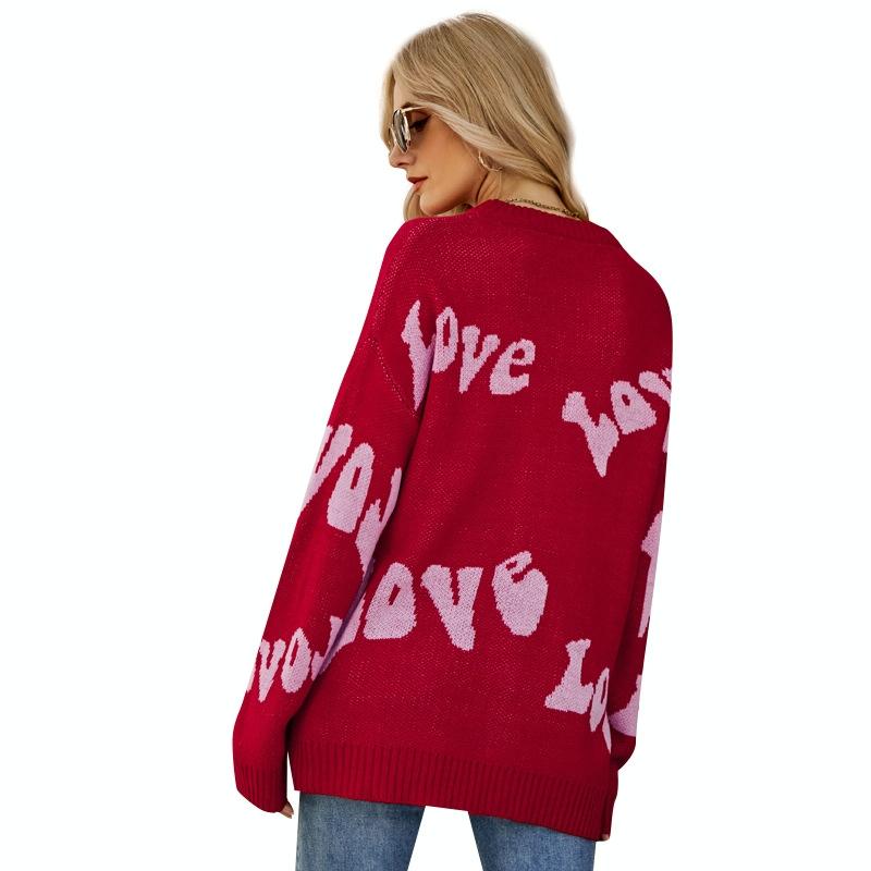 Women Round Neck Knitted Sweater Letters Jacquard Pullover Sweater - Size S - Red