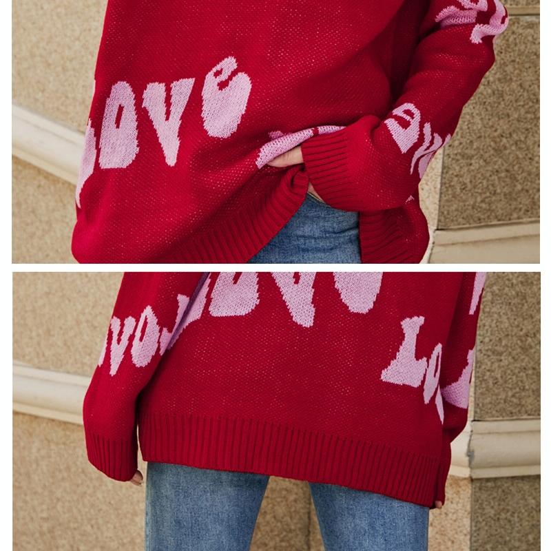 Women Round Neck Knitted Sweater Letters Jacquard Pullover Sweater - Size S - Red