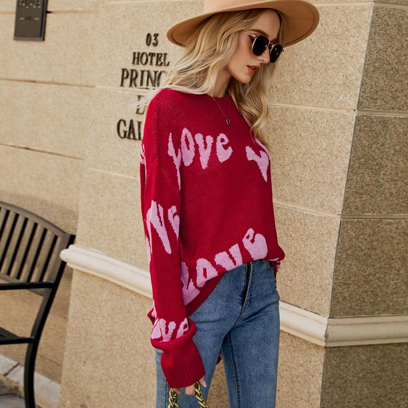 Women Round Neck Knitted Sweater Letters Jacquard Pullover Sweater - Size S - Red