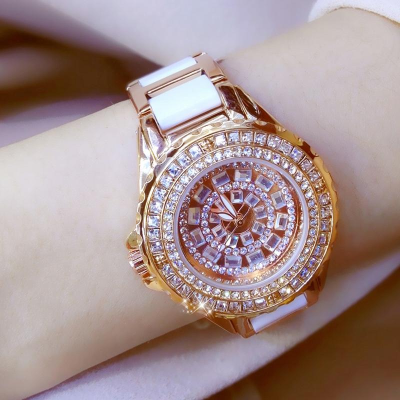 Rose Gold Ceramic Watch with Diamond Strap for Women