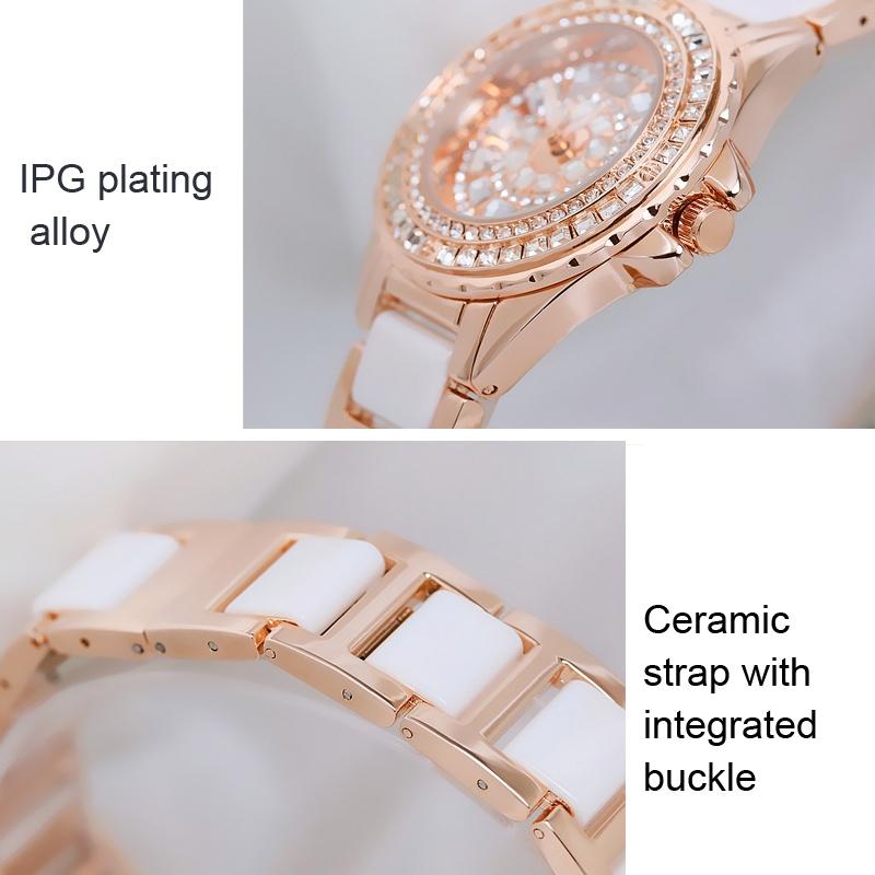 Rose Gold Ceramic Watch with Diamond Strap for Women