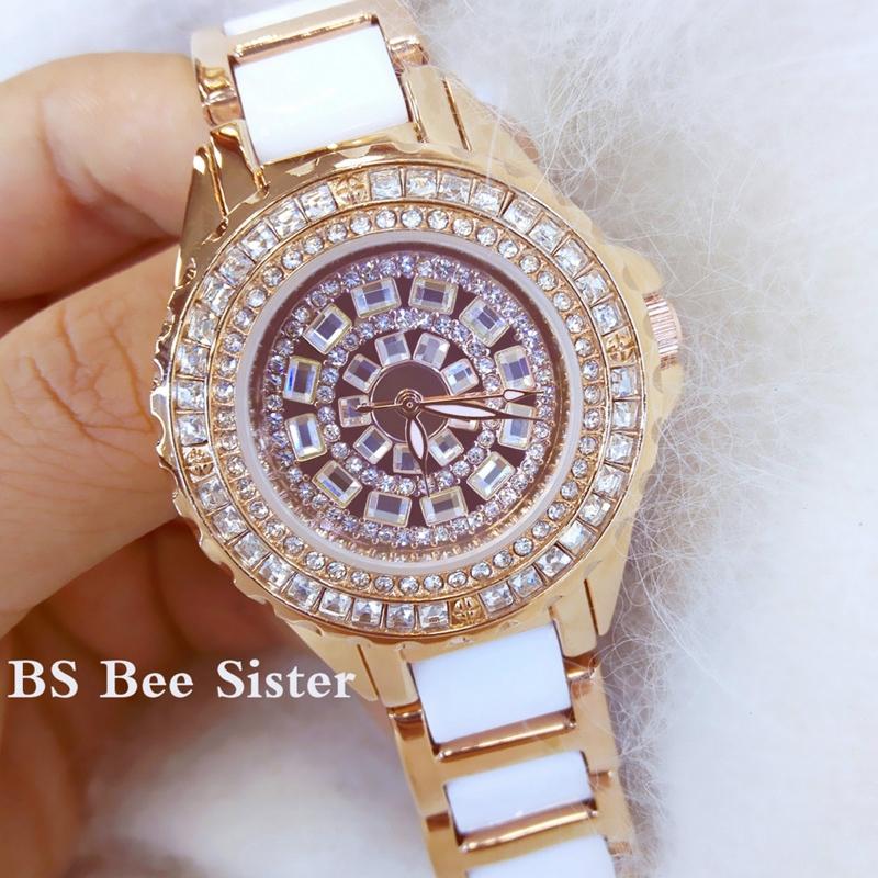 Rose Gold Ceramic Watch with Diamond Strap for Women