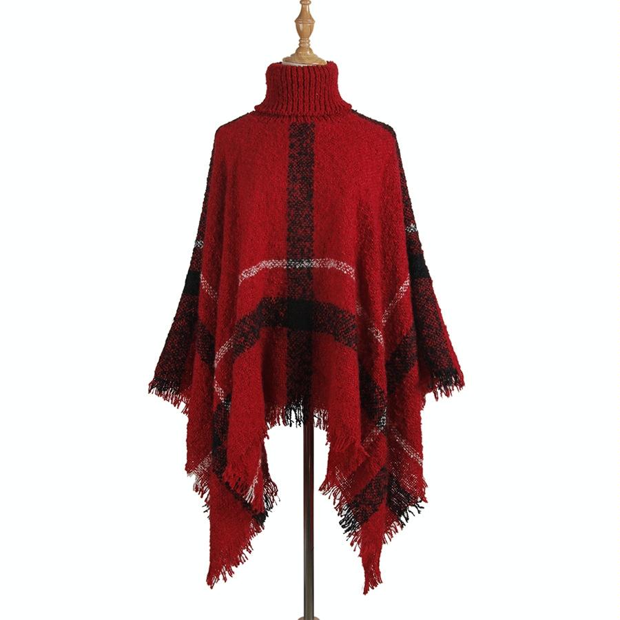 Women Mid-Length Turtleneck Sweater Fringed Cloak Shawl - Size Free Size - Red