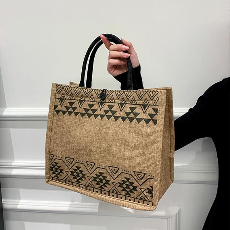 Simple Linen Tote Bag with Large Capacity - Style Print - Triangle