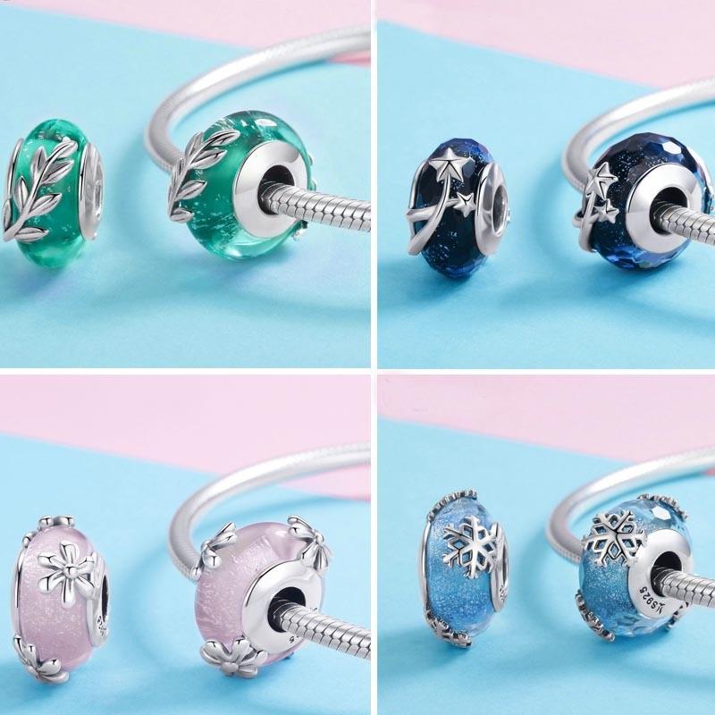 925 Sterling Silver Seasonal Glass Bead Bracelet Charms - Navy Blue