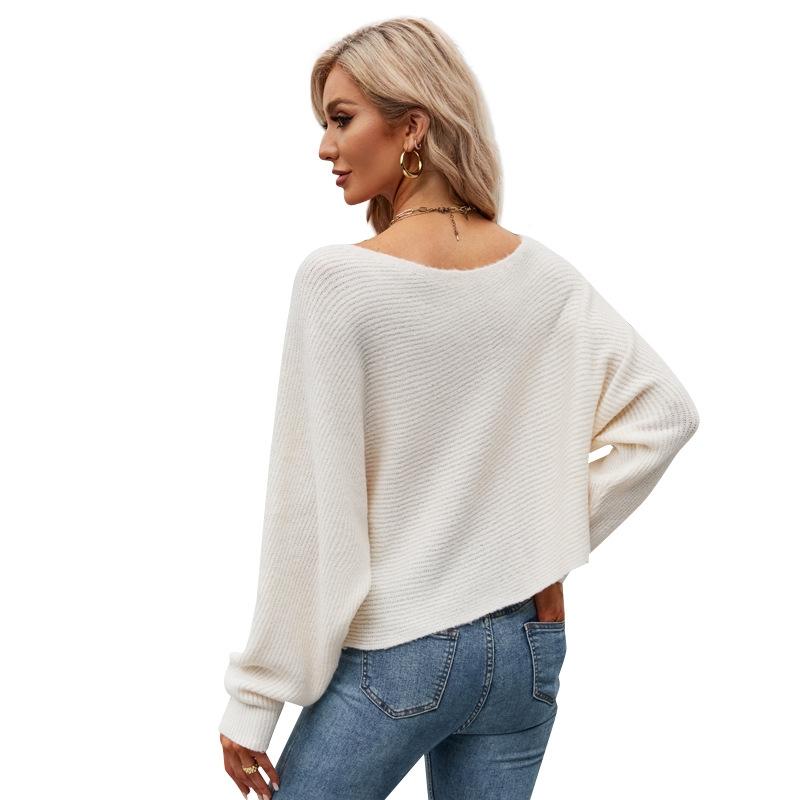 Female Sexy Strapless Knit Shirt Loose Bat Sleeve Knitted Tops - White - S