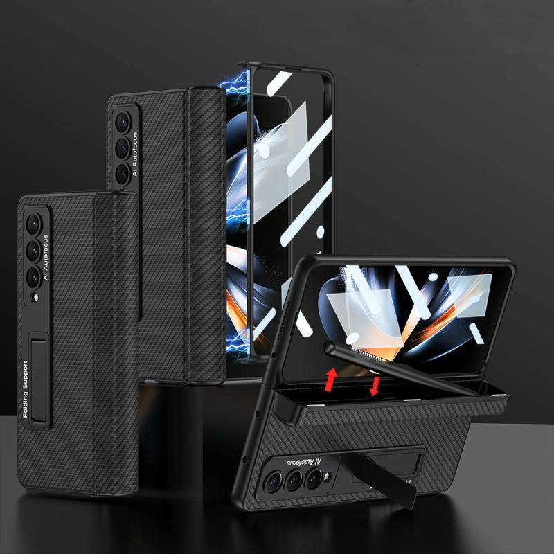 For Samsung Galaxy Z Fold4 5G Leather Phone Case With Foldable Hinge And Holder - Black