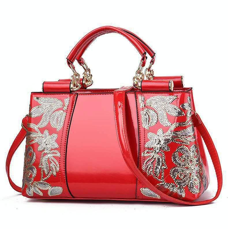 Shiny Leather Handbag with Single-sided Embroidery - Red