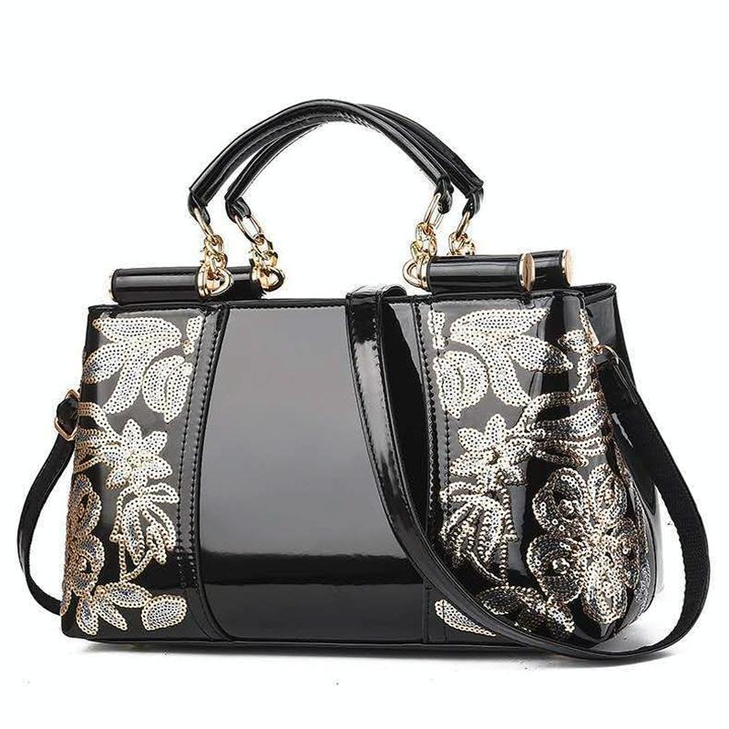 Shiny Leather Handbag with Single-sided Embroidery - Red