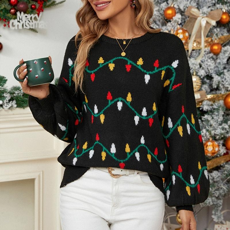 Women Christmas Sweater Sweet Loose Pullover Knit Sweater Black - S