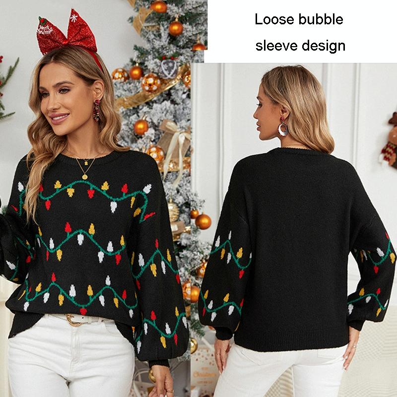 Women Christmas Sweater Sweet Loose Pullover Knit Sweater Black - S