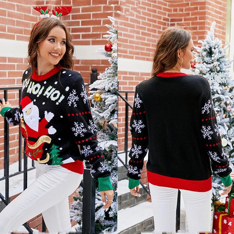 Women Santa Sweater Sweet Embroidery Pullover Knit Sweater - Black - M