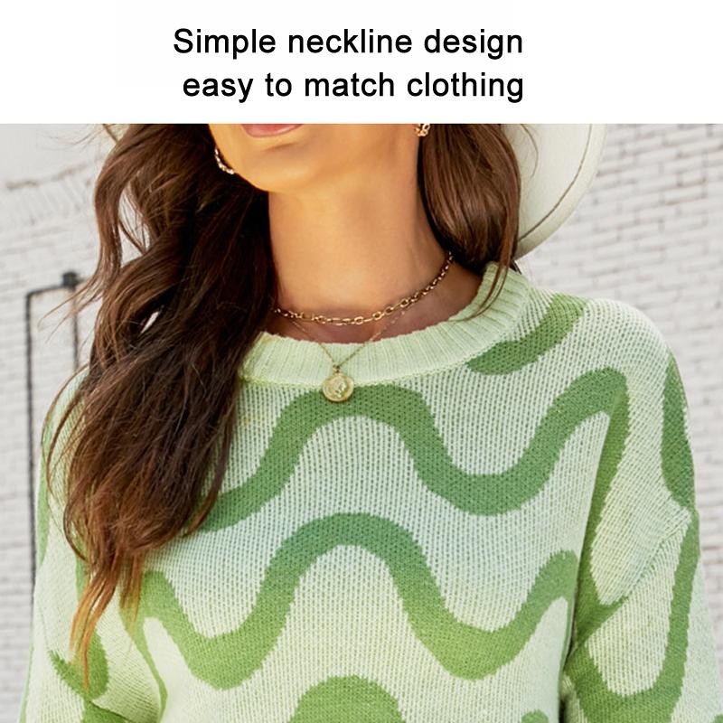 Women Casual Pullover Sweater Round Neck Wave Pattern Collision Colour Knitted Sweater - Size M Black - Black