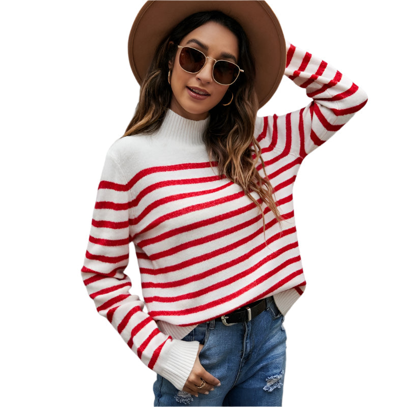 Women Striped Knitwear Loose Stand-Up Collar Pullover Sweater - Red And White - S