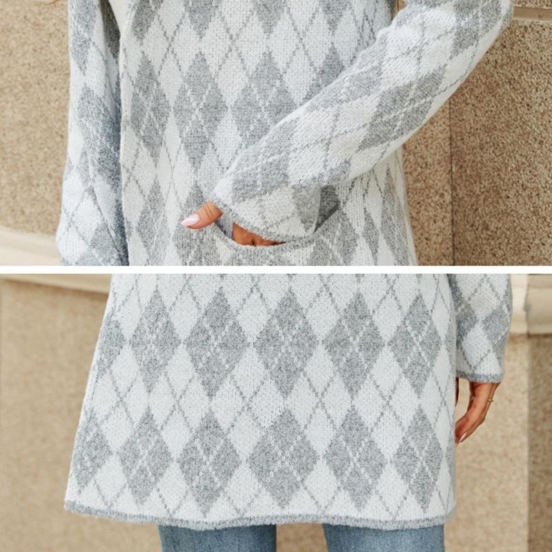 Autumn And Winter Long Sweater Collision Colour Knitted Cardigan Trench Coat - Light Grey - M