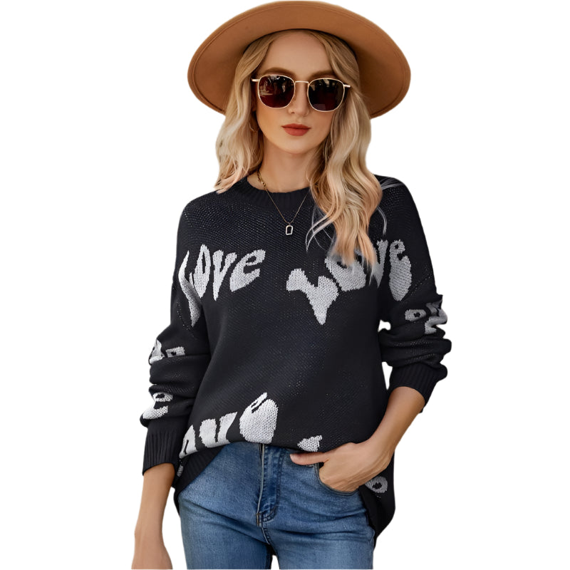 Women Round Neck Knitted Sweater Letters Jacquard Pullover Sweater - Size M - Red