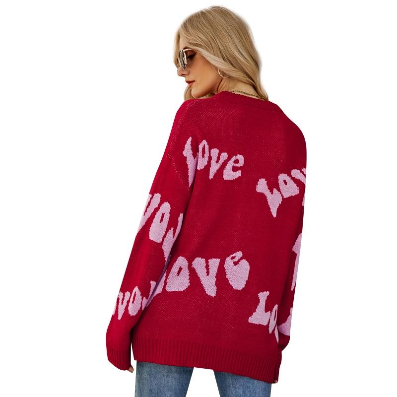 Women Round Neck Knitted Sweater Letters Jacquard Pullover Sweater - Size M - Red