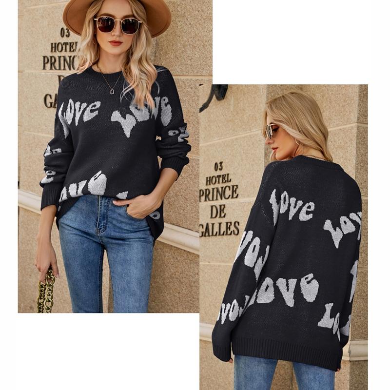 Women Round Neck Knitted Sweater Letters Jacquard Pullover Sweater - Size M - Red