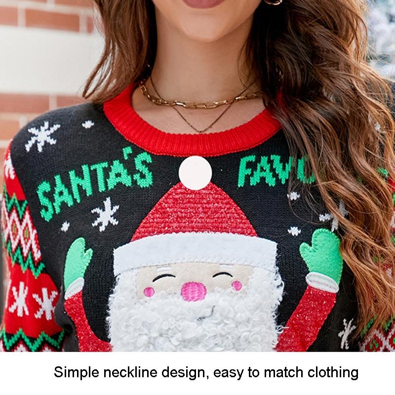Santa Claus Embroidered Sweater Women Cute Pullover Short Sweater Black - M