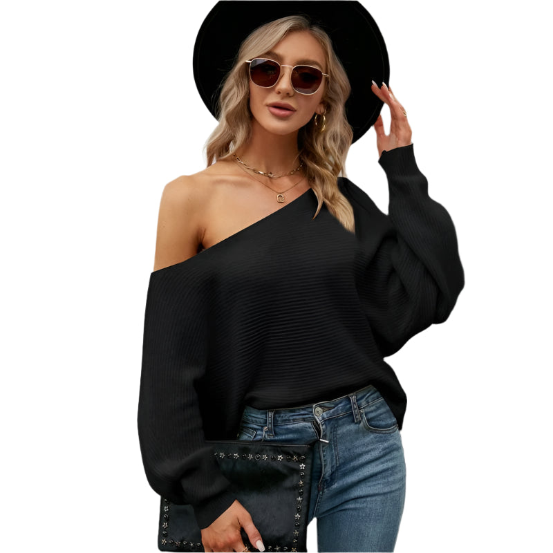 Female Sexy Strapless Knit Shirt Loose Bat Sleeve Knitted Tops - White - M