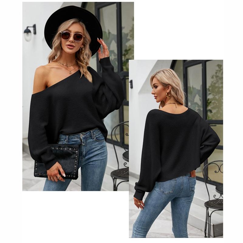Female Sexy Strapless Knit Shirt Loose Bat Sleeve Knitted Tops - White - M