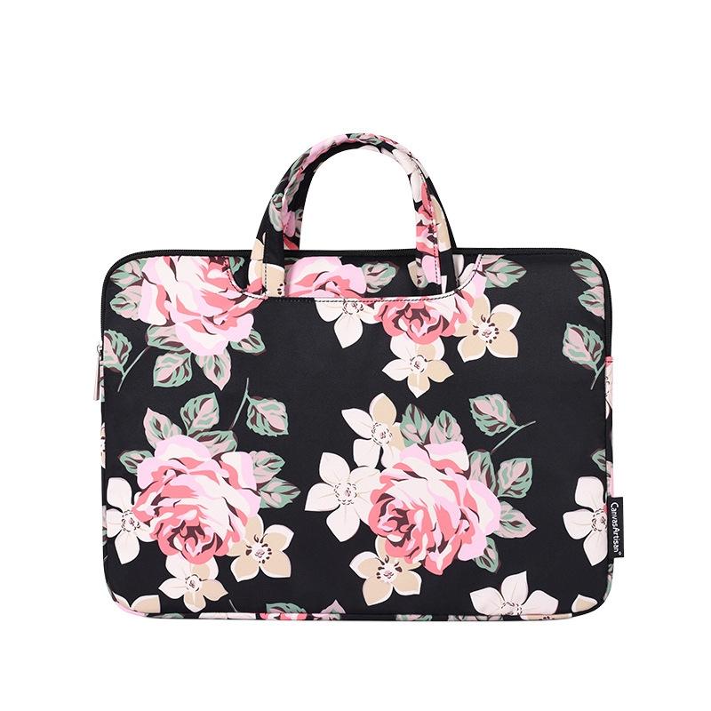 13 Inch Laptop Case Bag with White Rose Pattern and Handle - Blue