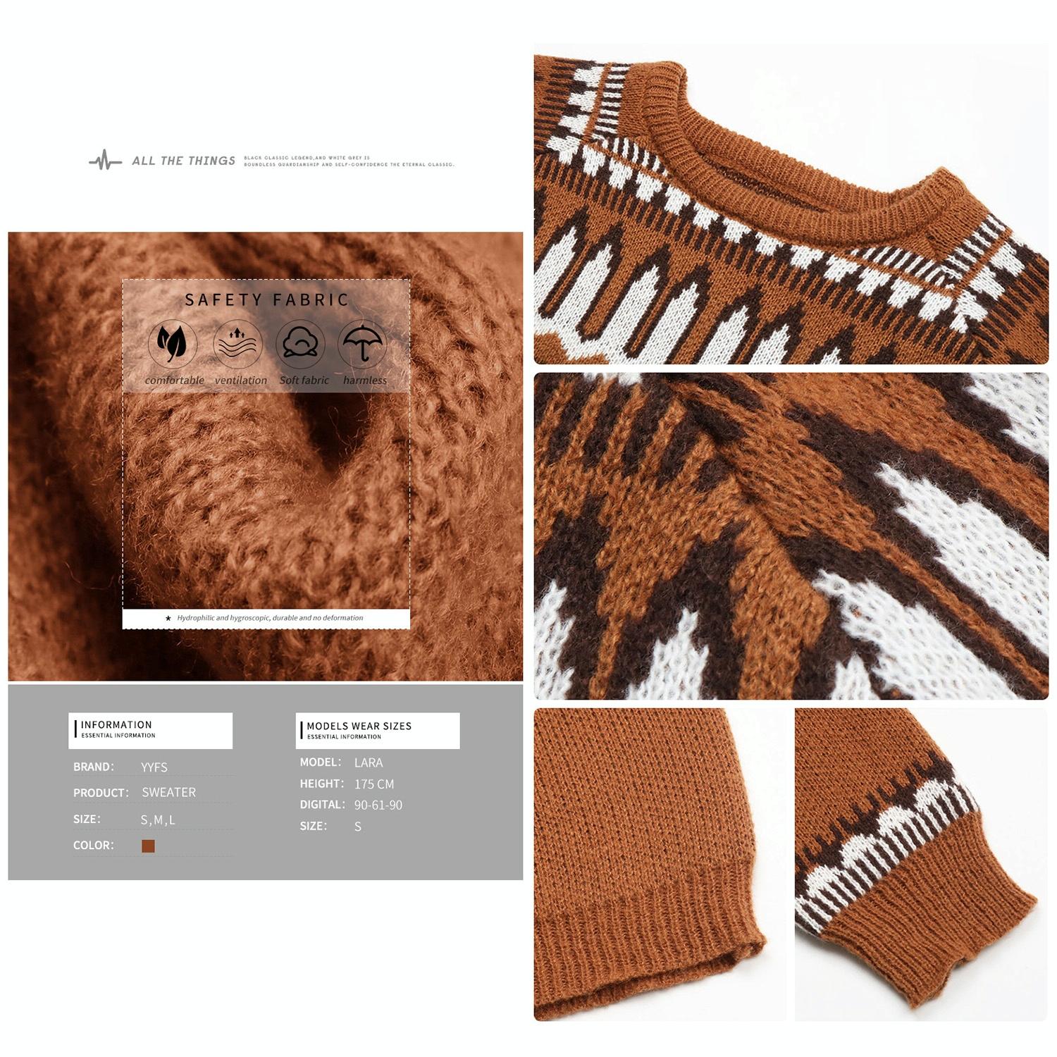 Fall Winter Women Knitted Long Sleeve Sweater Pullover Brown - L