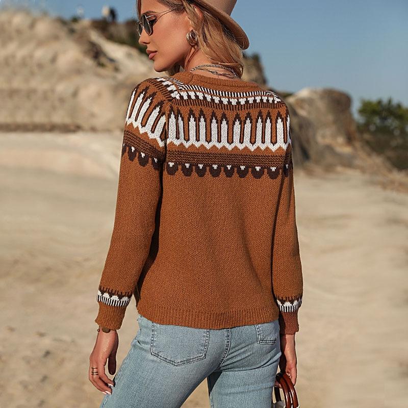 Fall Winter Women Knitted Long Sleeve Sweater Pullover Brown - L